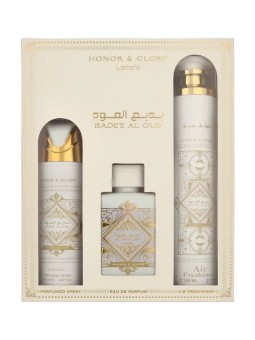 Lattafa SET Honor & Glory Badee Al Oud Eau de Parfum spray 100ml + Spray profumato 200ml + Deodorante per ambienti 300ml