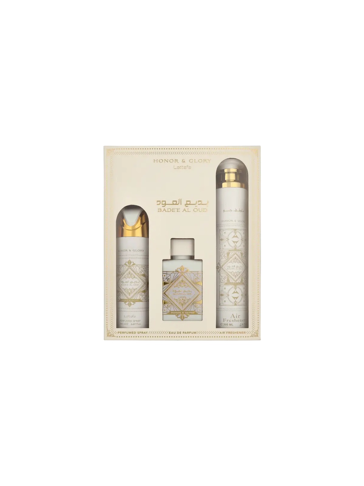 Lattafa SET Honor & Glory Badee Al Oud Eau de Parfum spray 100ml + Spray profumato 200ml + Deodorante per ambienti 300ml