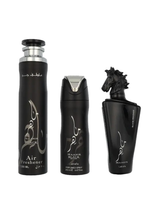 Lattafa SET Maahir Black Edition Eau de Parfum spray 100ml + Spray profumato 200ml + Deodorante per ambienti 300ml