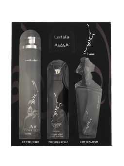 Lattafa SET Maahir Black Edition Eau de Parfum spray 100ml + Spray profumato 200ml + Deodorante per ambienti 300ml