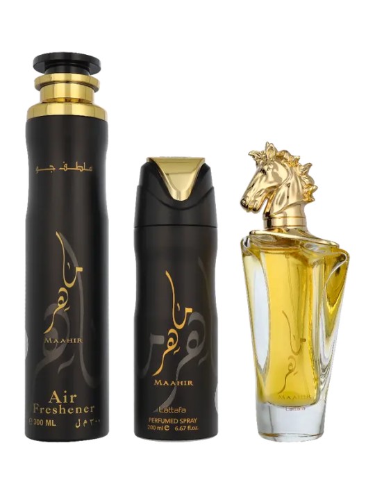 Lattafa SET Maahir eau de parfum spray 100ml + SPRAY PROFUMATO 200ml + DEODORANTE PER AMBIENTI 300ml