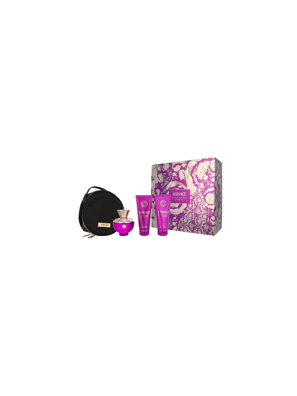 Set regalo Versace Dylan Purple: eau de parfum 100ml, latte corpo 100ml, gel doccia 100ml e cosmetico tatiōka donna