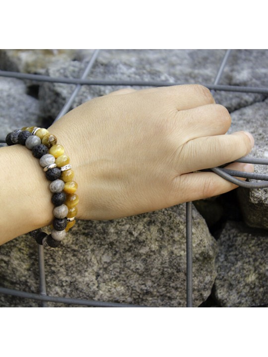 Agato Bracciale di perline in pietra lavaca e diaspro MINK59 - Lunghezza: 17 cm donna