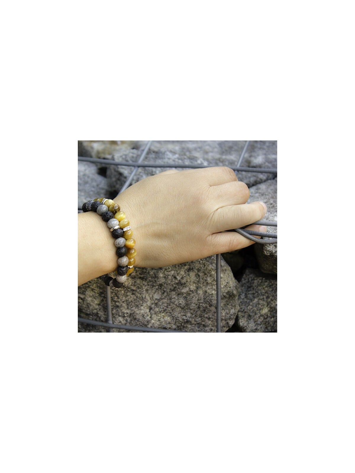 Agato Bracciale di perline in pietra lavaca e diaspro MINK59 - Lunghezza: 17 cm donna