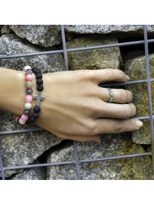 Agato Bracciale con perline in pietra lavica ed ematite MINK61 - Lunghezza: 17 cm unisex