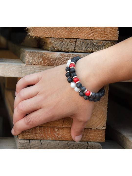 Agato Bracciale di perline in pietra lavaca e howlite MINK62 - Lunghezza: 17 cm donna