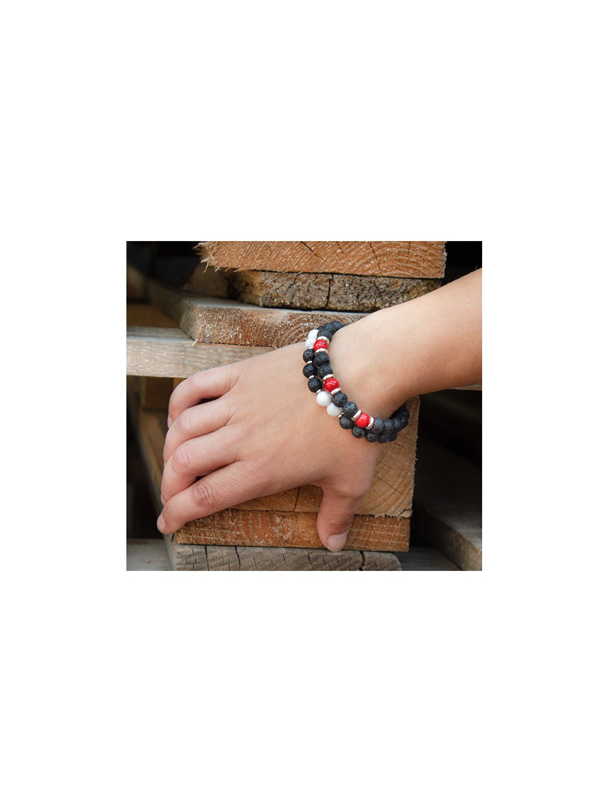 Agato Bracciale di perline in pietra lavaca e howlite MINK62 - Lunghezza: 19 cm donna