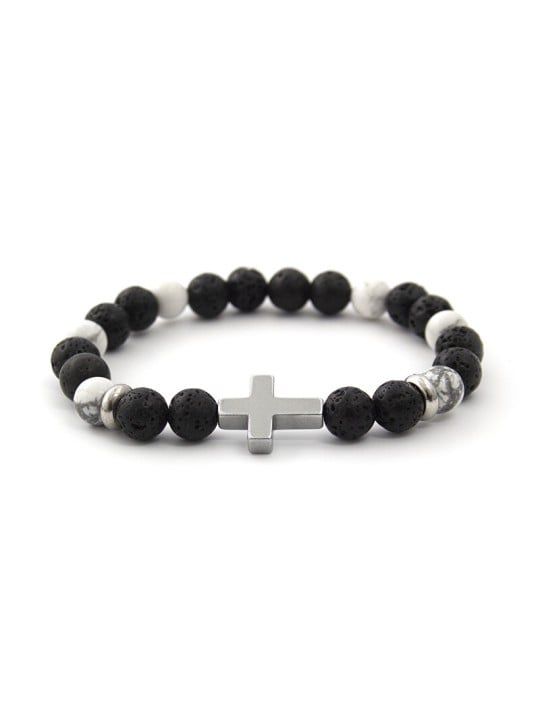 Agato Bracciale di perline in pietra lavaca, howlite ed ematite MINK64 - Lunghezza: 19 cm donna