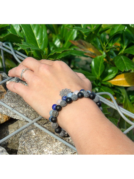 Agato Bracciale di perline in pietra lavaca e agata MINK101 - Lunghezza: 19 cm unisex