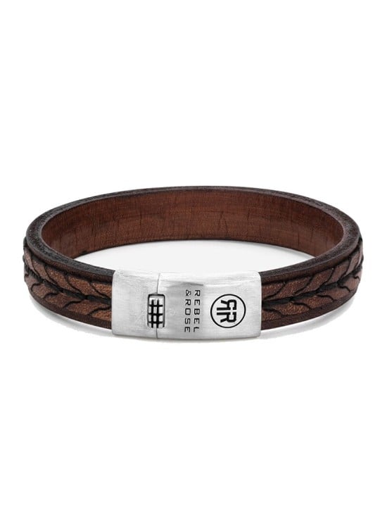 Rebel&Rose Bracciale da uomo in pelle intrecciata color cognac RR-L0079-S - Dimensioni: 19 cm - L uomo