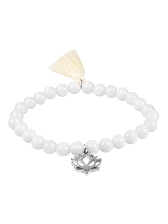 Troli Bracciale in agata bianca con fiore di loto e nappa - Lunghezza: 17 cm donna