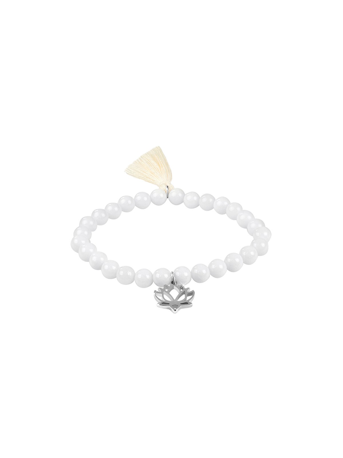 Troli Bracciale in agata bianca con fiore di loto e nappa - Lunghezza: 17 cm donna