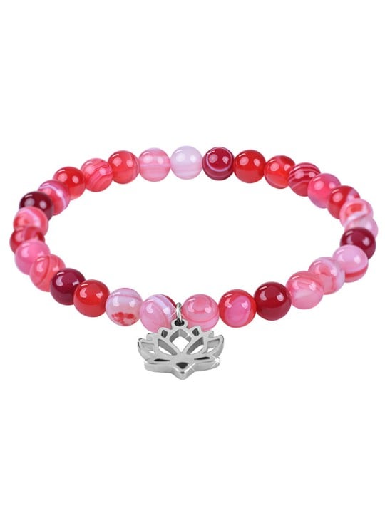 Troli Braccialetto di perline di agata rosa con fiore di loto - Lunghezza: 18 cm donna