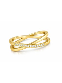 Troli Anello doppio in acciaio placcato oro con zirconi trasparenti in oro - Diametro: 54 mm donna