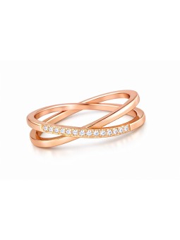 Troli Anello doppio in acciaio placcato oro con zirconi trasparenti color oro rosa - Diametro: 57 mm donna
