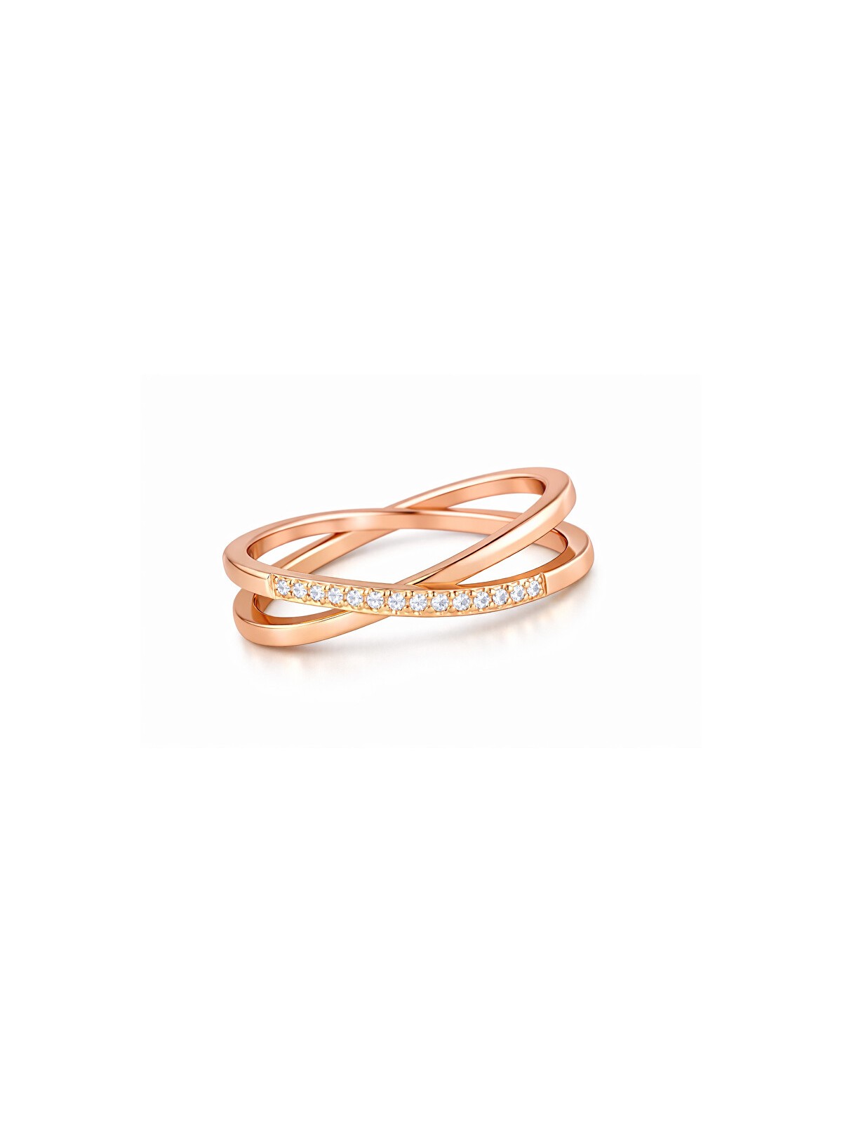 Troli Anello doppio in acciaio placcato oro con zirconi trasparenti color oro rosa - Diametro: 57 mm donna