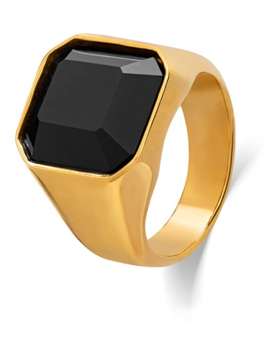 Troli Anello massiccio dorato con cristallo nero - Circonferenza: 59 mm unisex
