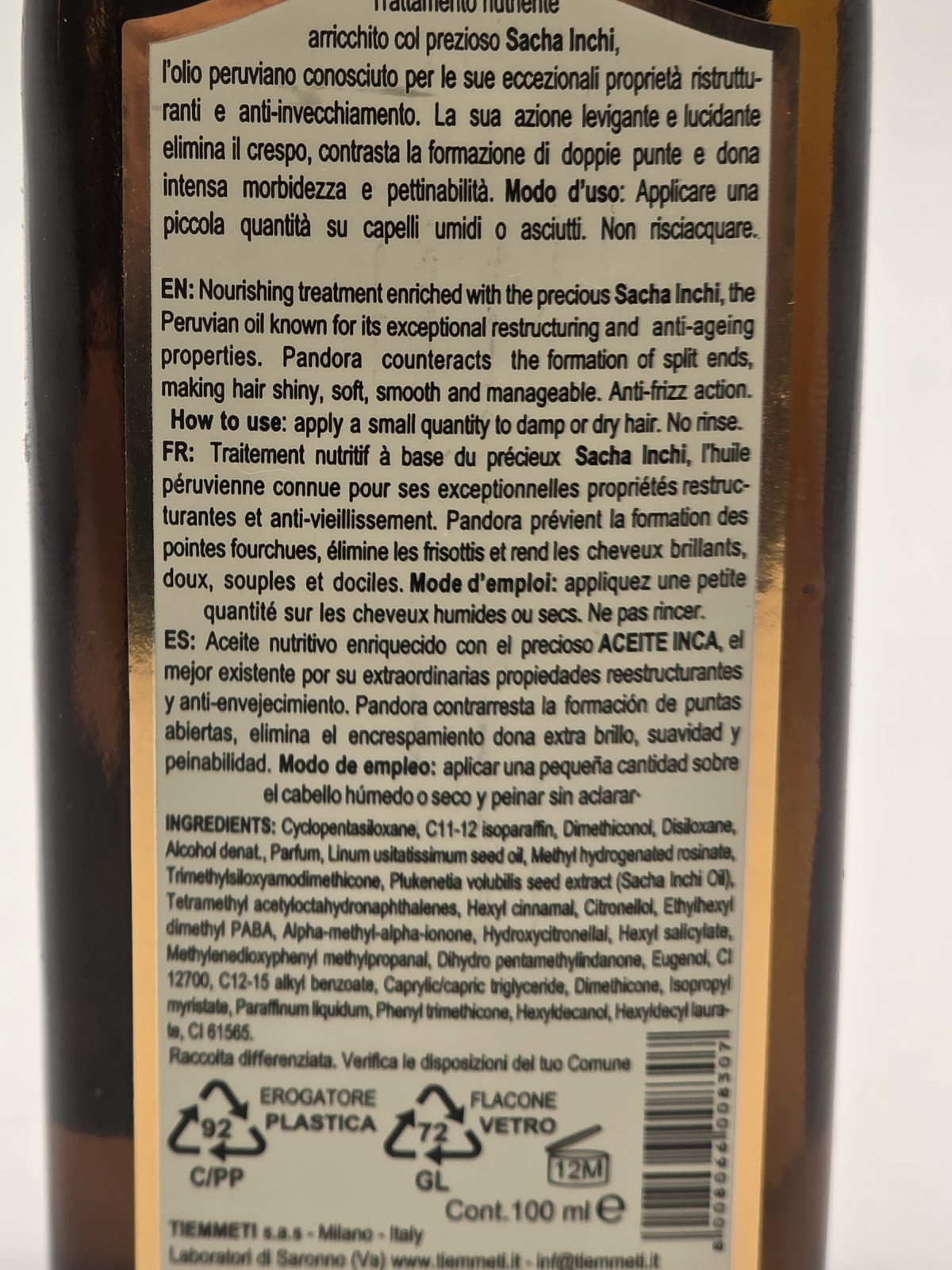 TMT Inca Oil Pandora Oil Sacha Inchi 100ml – Olio Ristrutturante Anticrespo Capelli Tmt www.essenzetotalstyle.com 