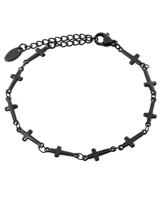 Troli Elegante bracciale nero con croci in acciaio donna