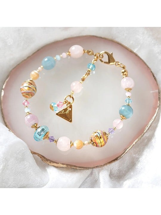 Lampglas Bracciale Romantic Roots in oro 24 carati e argento sterling con perle, quarzo rosa, calcite e kunzite BP13/M donna
