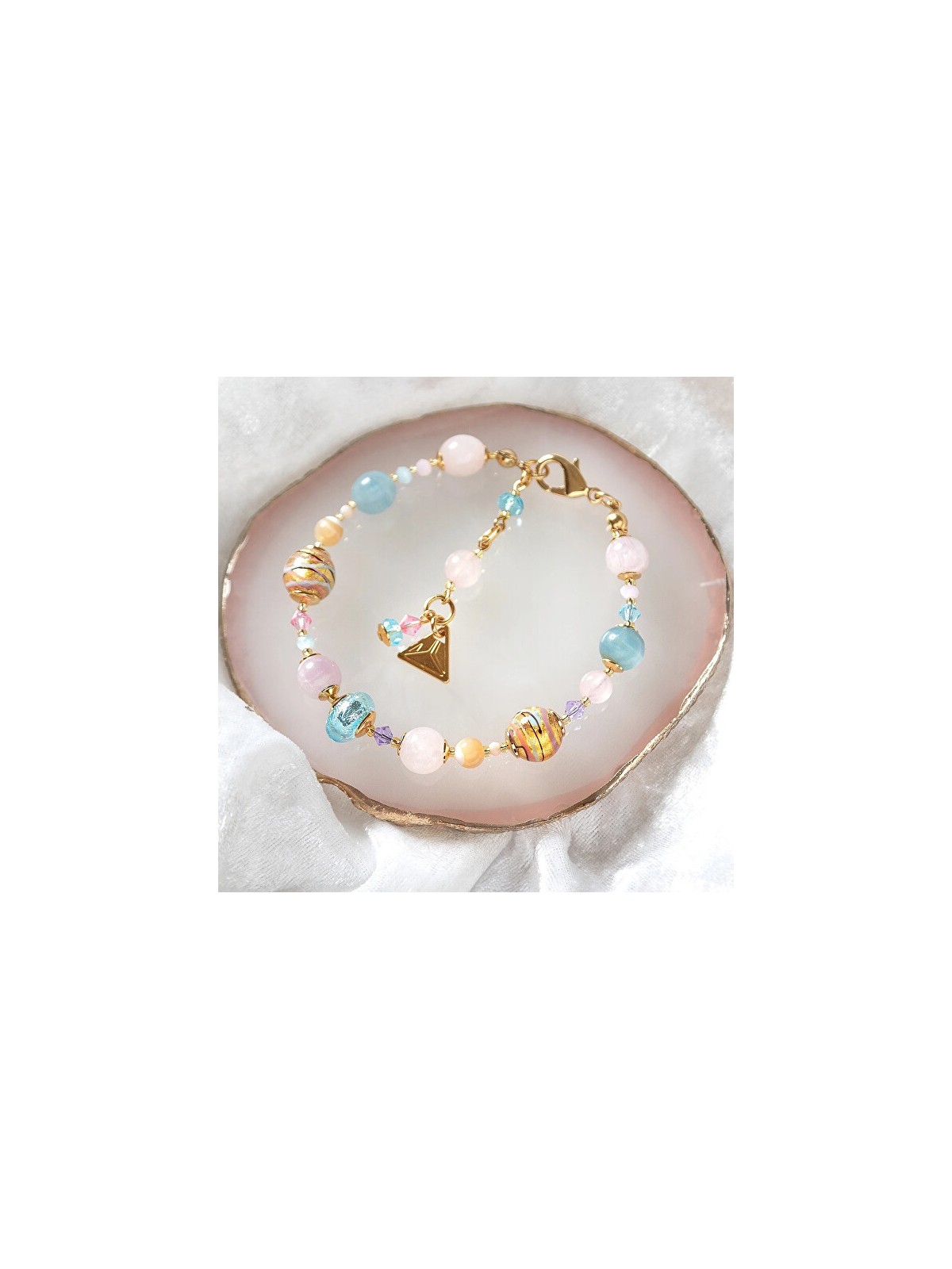 Lampglas Bracciale Romantic Roots in oro 24 carati e argento sterling con perle, quarzo rosa, calcite e kunzite BP13/M donna