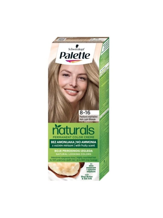 Palette Crema colorante permanente Naturals con profumo fruttato di burro di karité e latte di avena 8-16 biondo cenere