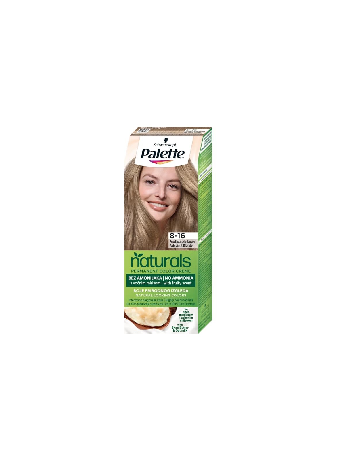 Palette Crema colorante permanente Naturals con profumo fruttato di burro di karité e latte di avena 8-16 biondo cenere