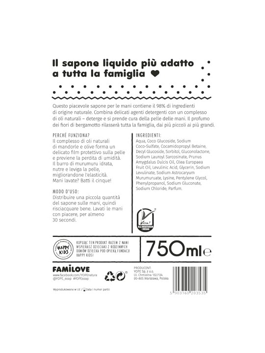 Yope Sapone naturale Familove in liquido Bergamotto fiorito 750ml