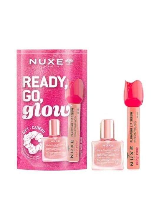 Nuxe SET Glow On The Go Olio secco rosa 10ml + lucidalabbra 8ml + fascia per capelli