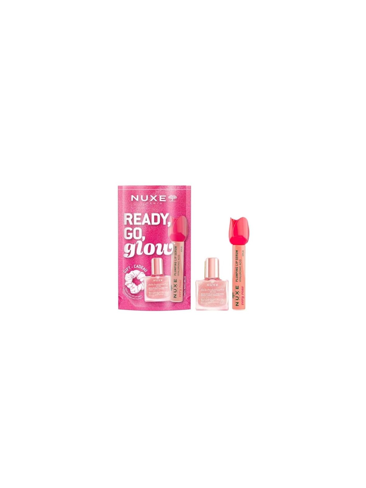 Nuxe SET Glow On The Go Olio secco rosa 10ml + lucidalabbra 8ml + fascia per capelli