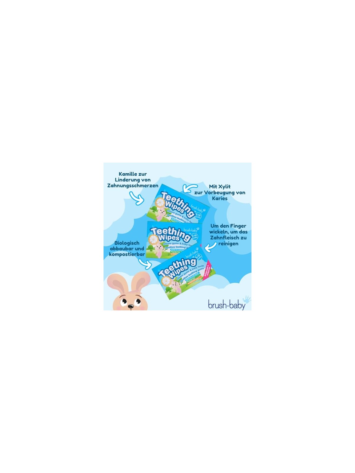 Brush baby Garze igieniche con camomilla e Xilitol per la pulizia delle gengive, 0-16 mesi, 20 pezzi.