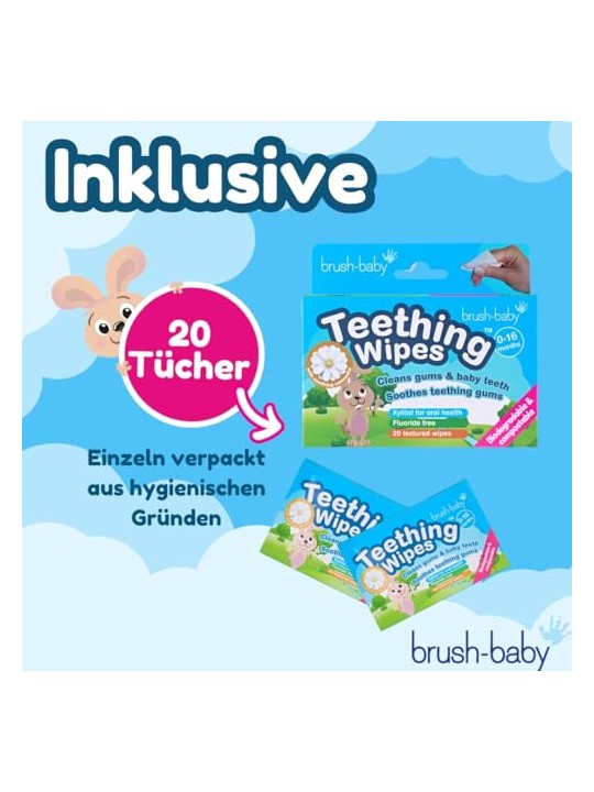Brush baby Garze igieniche con camomilla e Xilitol per la pulizia delle gengive, 0-16 mesi, 20 pezzi.