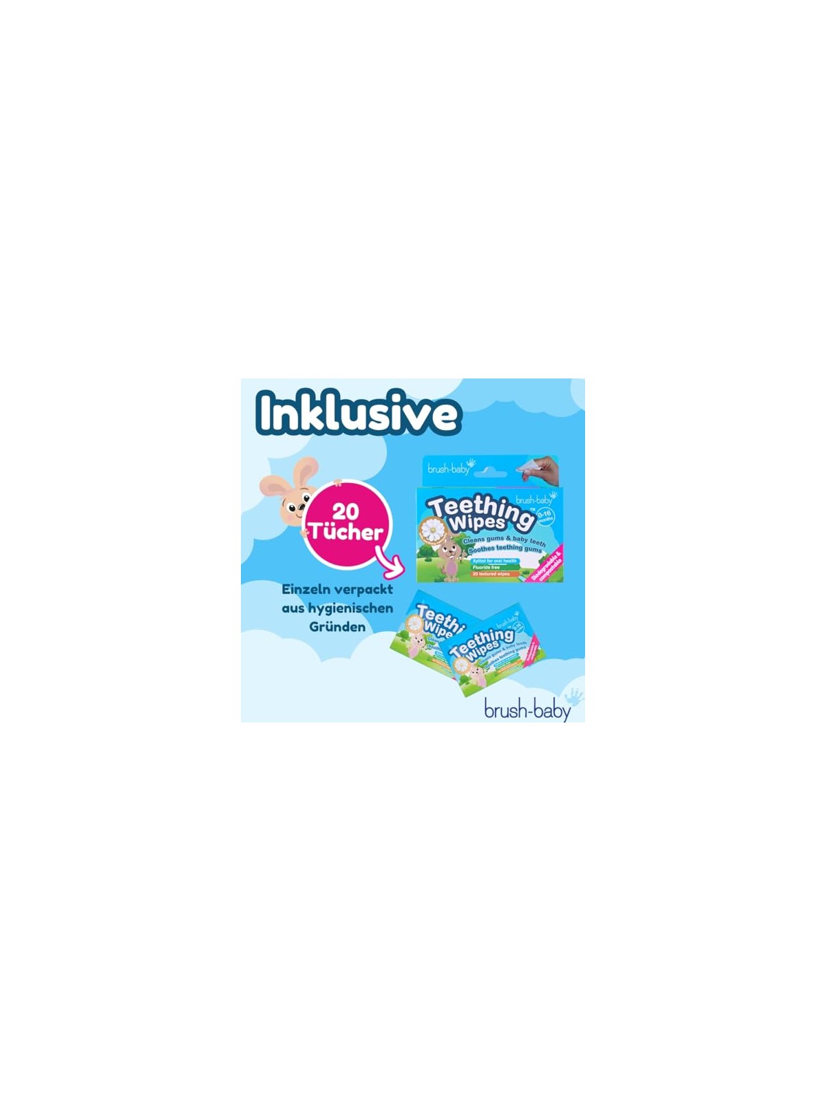Brush baby Garze igieniche con camomilla e Xilitol per la pulizia delle gengive, 0-16 mesi, 20 pezzi.