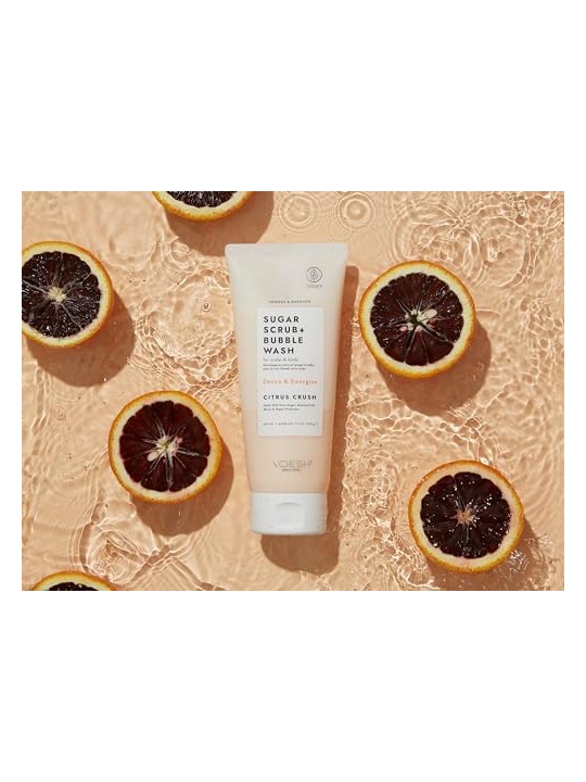 Voesh Sugar Scrub + Bubble Wash, peeling e schiuma detergente per cuoio capelluto e corpo, aroma Agrumi 210g