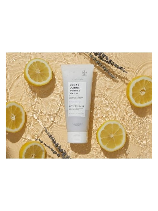 Voesh Sugar Scrub + Bubble Wash, peeling e schiuma detergente per cuoio capelluto e corpo, Lavender Land 210g