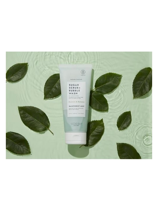 Voesh Sugar Scrub + Bubble Wash, peeling e schiuma detergente per cuoio capelluto e corpo, Rainforest Mist 210g