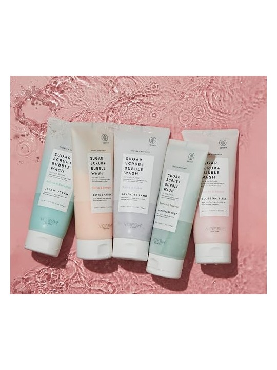 Voesh Sugar Scrub + Bubble Wash, peeling e schiuma detergente per cuoio capelluto e corpo, Rainforest Mist 210g