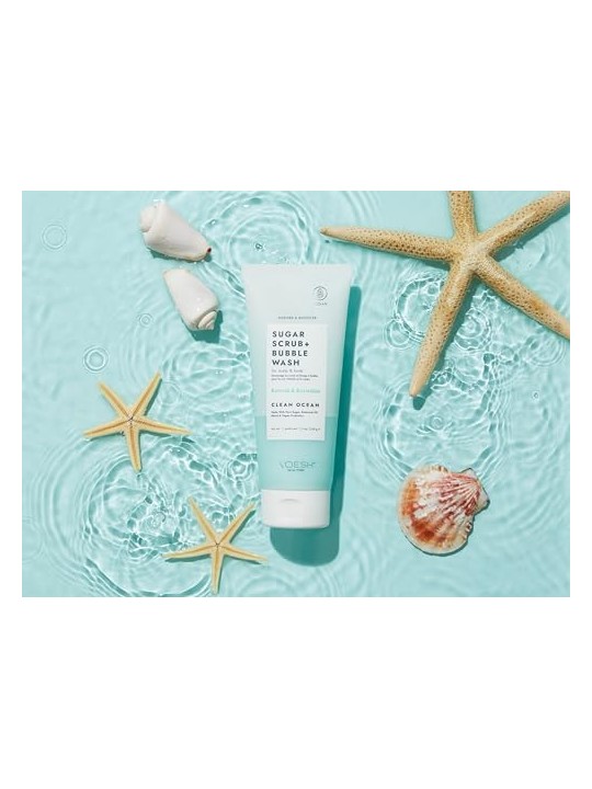 Voesh Sugar Scrub + Bubble Wash, peeling e schiuma detergente per la pelle di testa e corpo. Oceano Pulito 210g