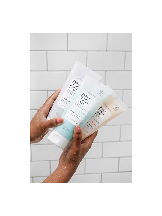 Voesh Sugar Scrub + Bubble Wash, peeling e schiuma detergente per la pelle di testa e corpo. Oceano Pulito 210g