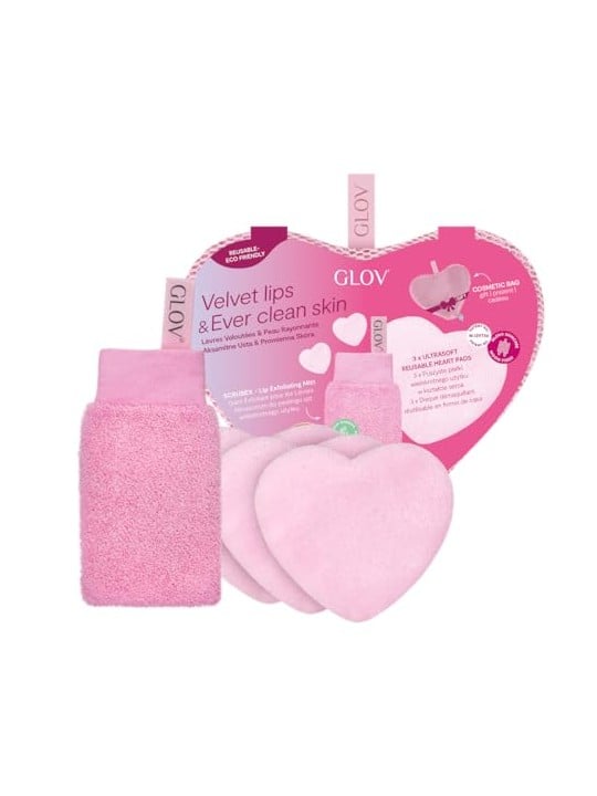 Glov SET Velvet Lips & Ever Clear Skin Scrubex guanto esfoliante per labbra + Cuscinetti cardiaci maneggabili dischetti viso