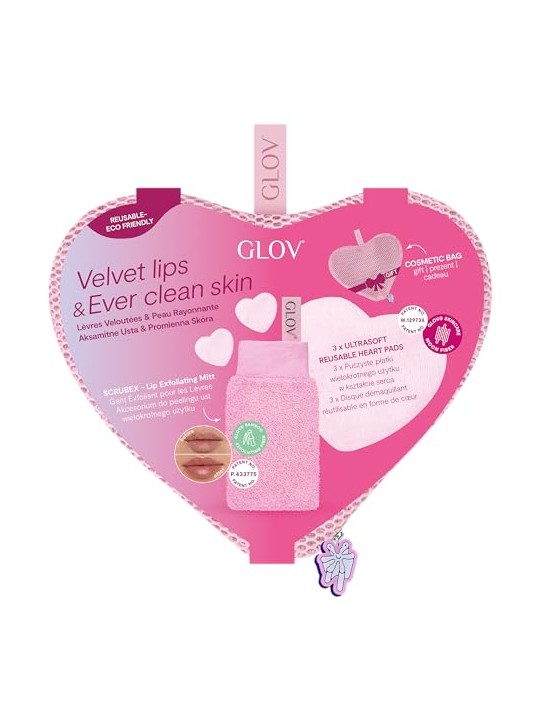 Glov SET Velvet Lips & Ever Clear Skin Scrubex guanto esfoliante per labbra + Cuscinetti cardiaci maneggabili dischetti viso