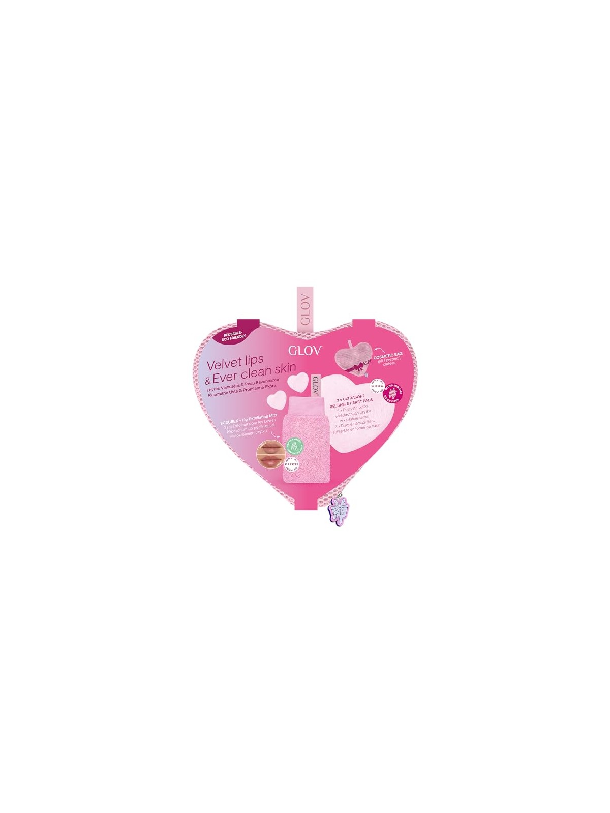 Glov SET Velvet Lips & Ever Clear Skin Scrubex guanto esfoliante per labbra + Cuscinetti cardiaci maneggabili dischetti viso