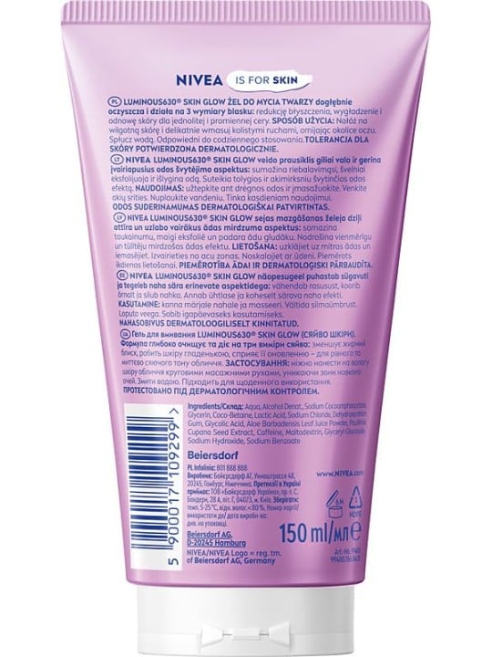 Nivea Gel detergente viso Luminous 630 Skin Glow con aloe e guaranà 150ml