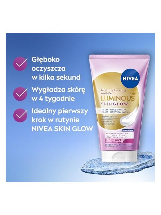 Nivea Gel detergente viso Luminous 630 Skin Glow con aloe e guaranà 150ml