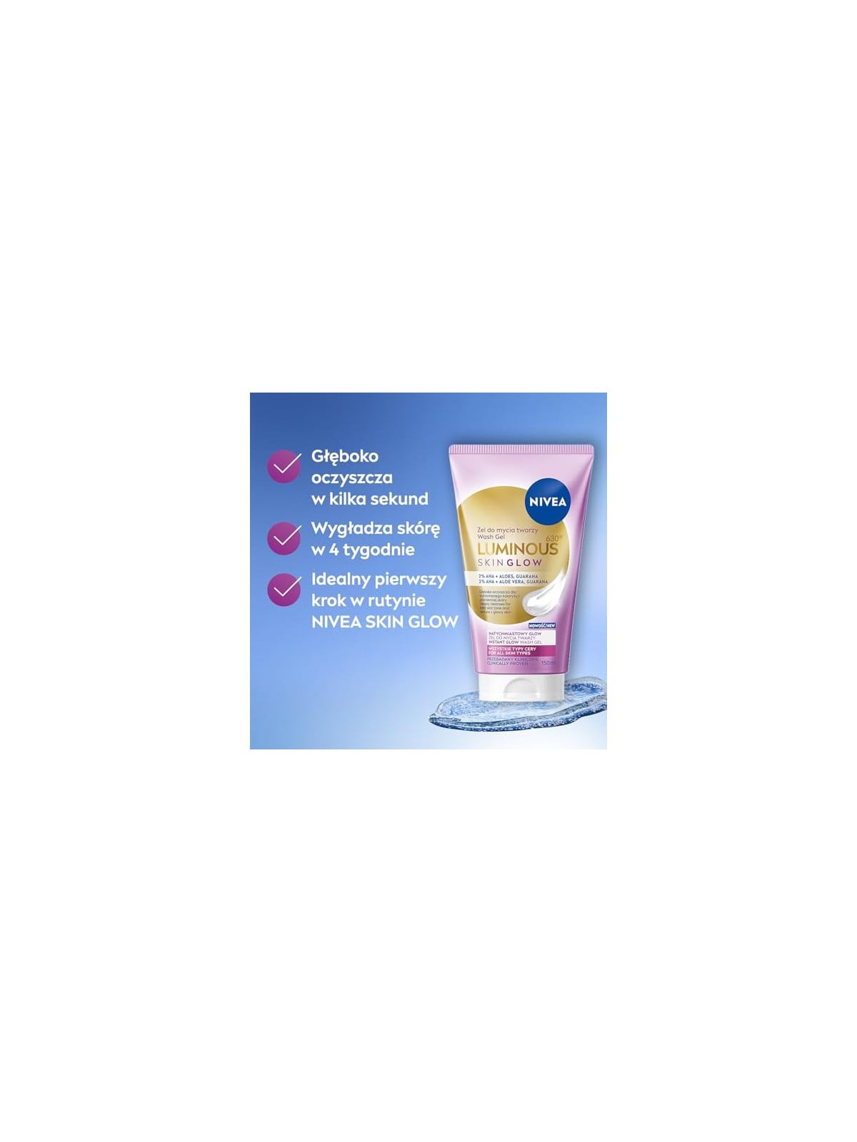 Nivea Gel detergente viso Luminous 630 Skin Glow con aloe e guaranà 150ml
