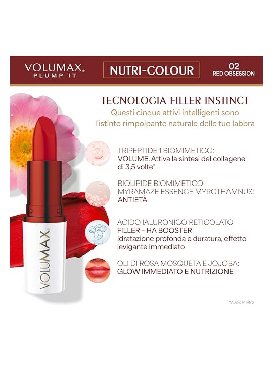 Volumax Trattamento labbra anti-età PLUMP IT NUTRI-COLOUR n.02-Red Obsession 4gr unisex