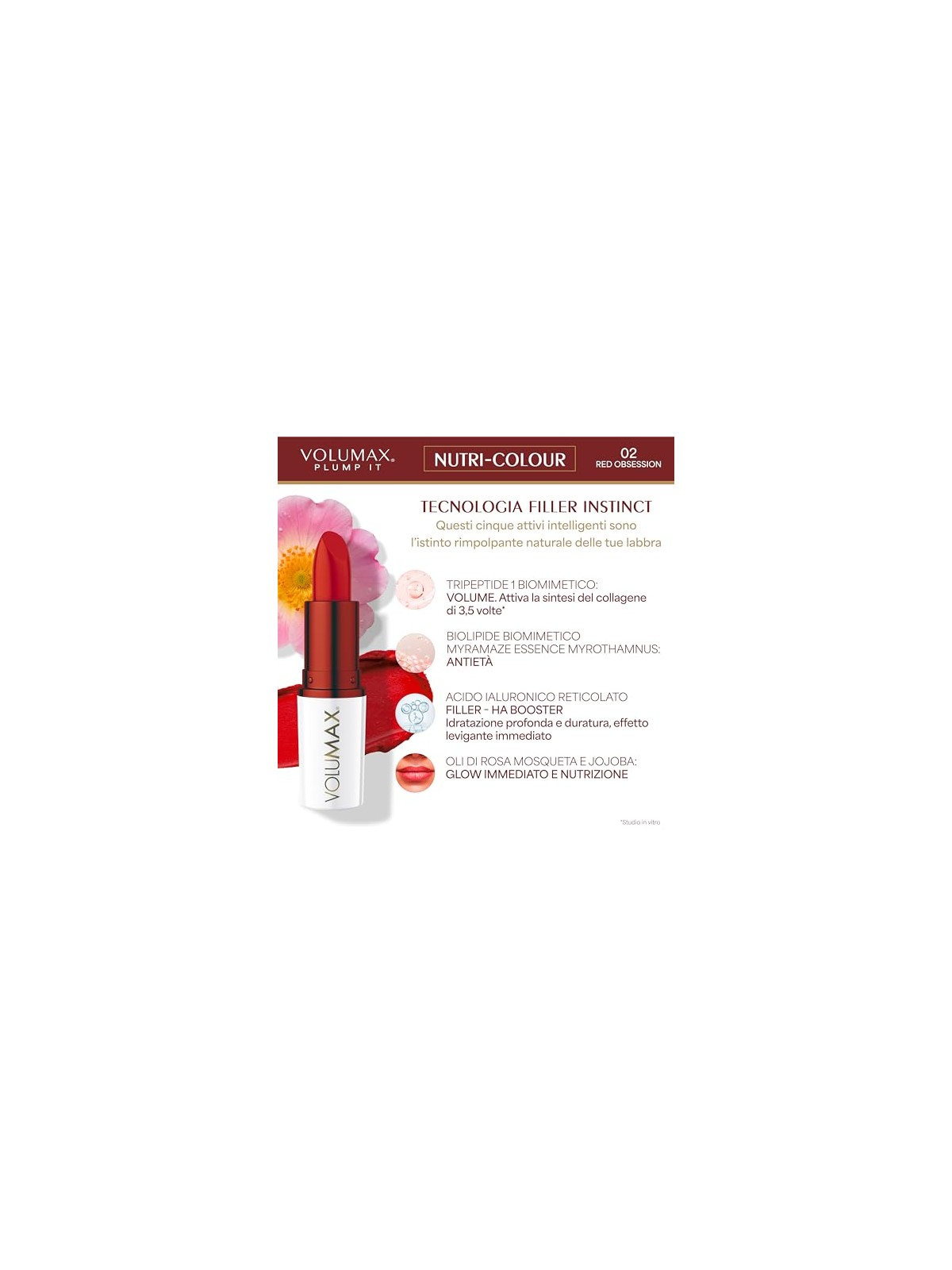Volumax Trattamento labbra anti-età PLUMP IT NUTRI-COLOUR n.02-Red Obsession 4gr unisex