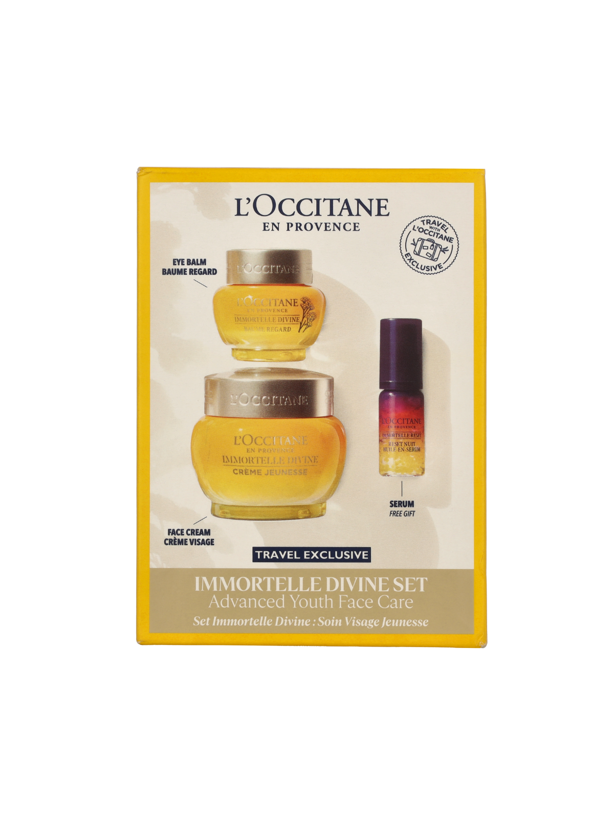 L'Occitane Immortelle Face Care Set Eye Balm 15ml Divine Cream 50ml Overnight Reset Oil 5ml 30ml