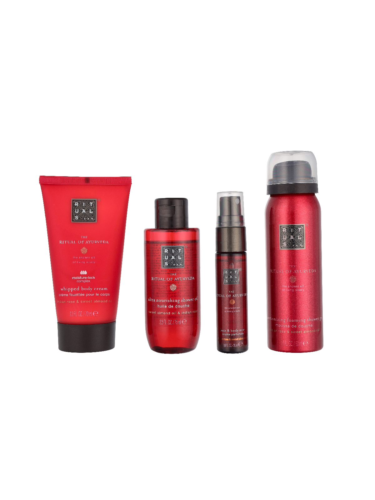 Rituals Ayurveda Small Giftset Shower Oil 75ml Foaming Shower Gel 50ml Hair & Body Mist 20ml Body Cream 70ml 200ml