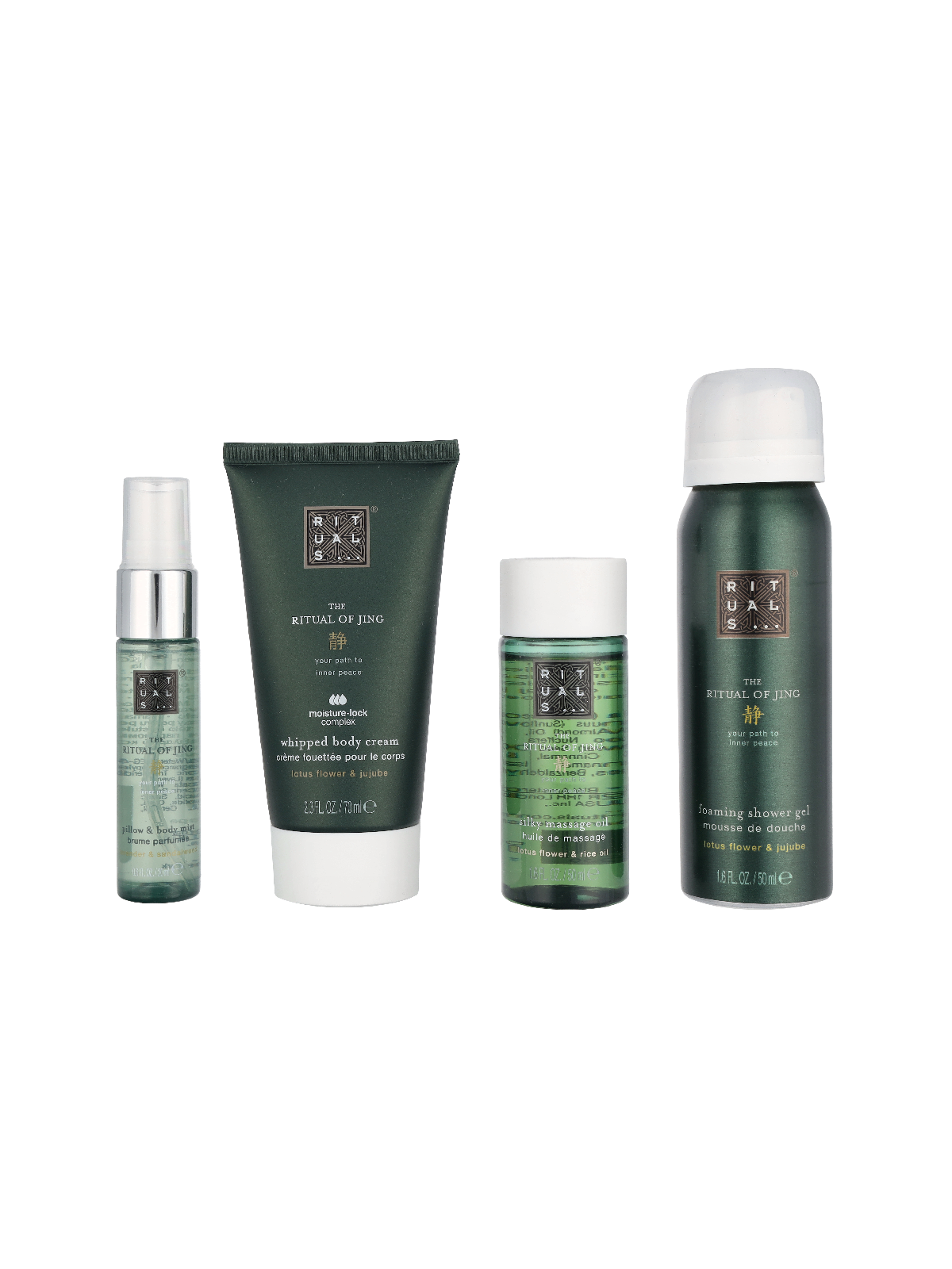 Rituals Jing Small Giftset Foaming Shower Gel 50ml Night Pillow & Body Mist 20ml Massage Oil 50ml Body Cream 70ml 190ml